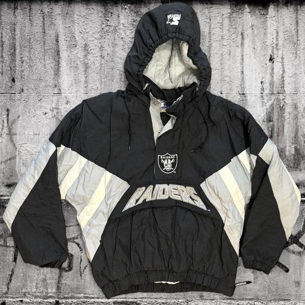 Vintage Oakland Raiders Starter Pullover Jacket Large - Black Silver Hooded NFL
